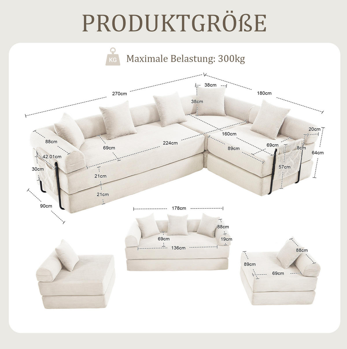 SOFA modular mit Schlaffunktion 270x180 cm Cord Beige - Beige, Kunststoff (180/64/270cm) - Meubliv