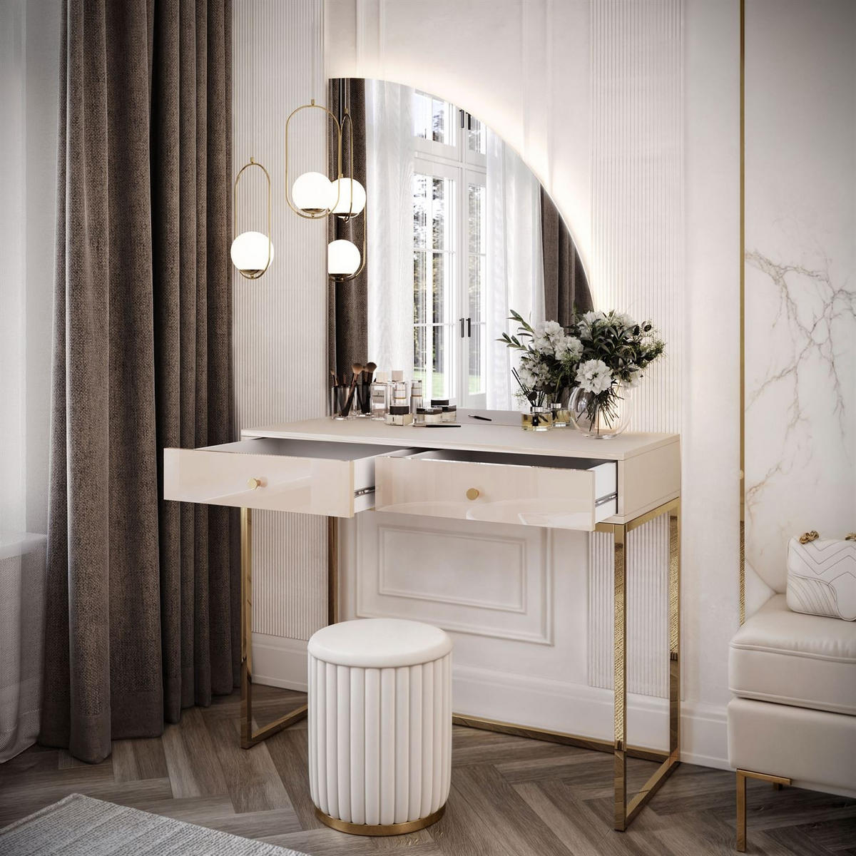 SCHMINKTISCH QUINNIE KASCHMIR mit LED-Spiegel gold Chrom rechts gold Griff - Kaschmir/Goldfarben, Holzwerkstoff (100/175/42cm) - Lookway