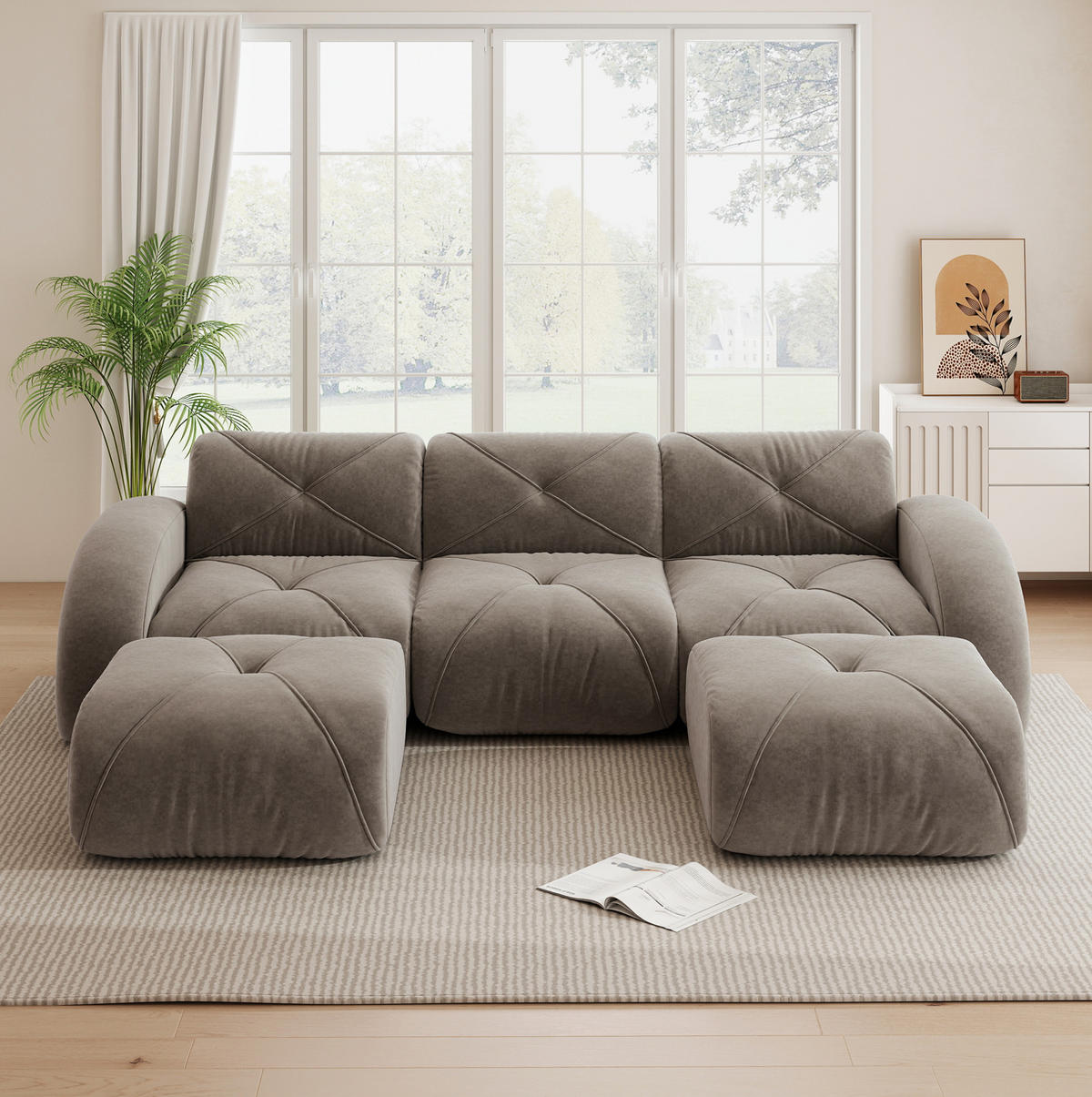 WOHNLANDSCHAFT 281/171/76 cm in Taupe aus Chenille mit 2 Hockern - Taupe, Textil (171/76/281cm) - Flora Grace
