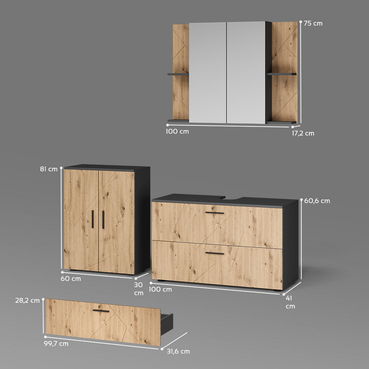 BADMÖBEL-SET Ronco, Anthrazit/Artisan-Eiche, 3-teilig - Anthrazit/Eiche Artisan, Holzwerkstoff (100.1/60.6/41cm) - Livinity®