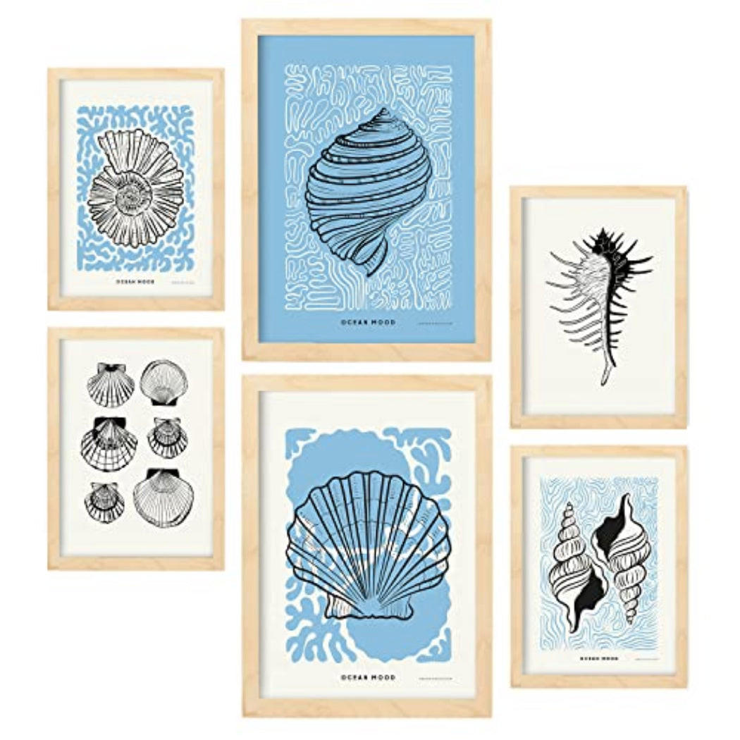 POSTER Set Mit 6 In Schwarzer Tinte Irises Kunstdrucke Von Meer Und Ozean Für Innenarchitektur A3 & A4 Rahmen Aus Hellem Holz - Beige, Papier (29/3cm) - Nacnic