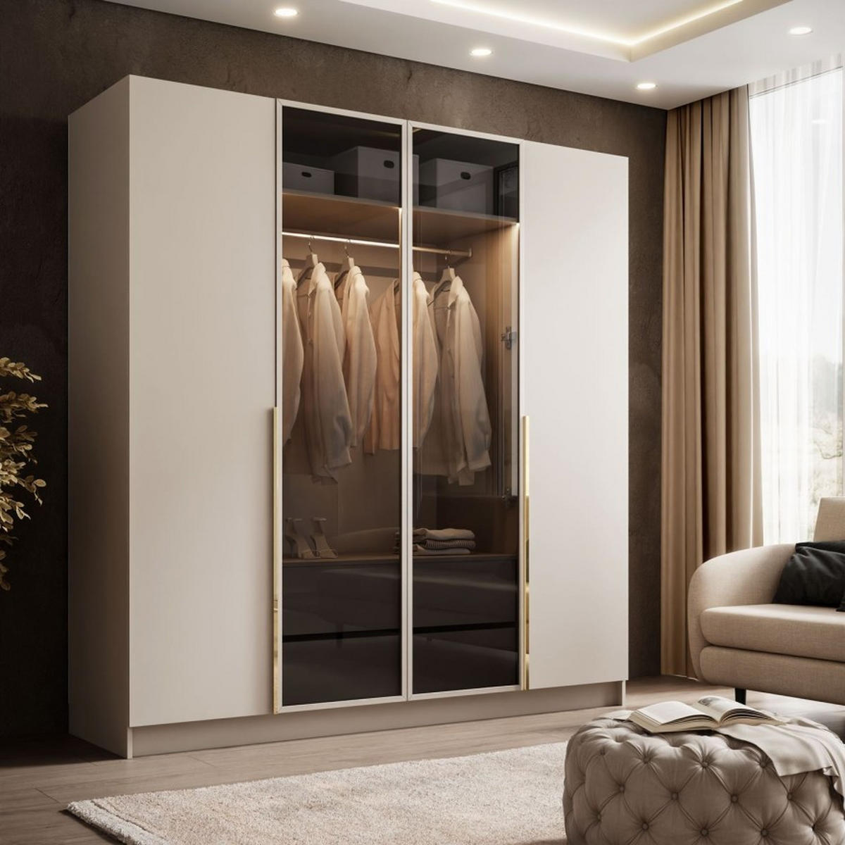 KLEIDERSCHRANK ATRIUM II mit Glasfront - Kaschmir, Holzwerkstoff (200/210/57cm) - Lookway