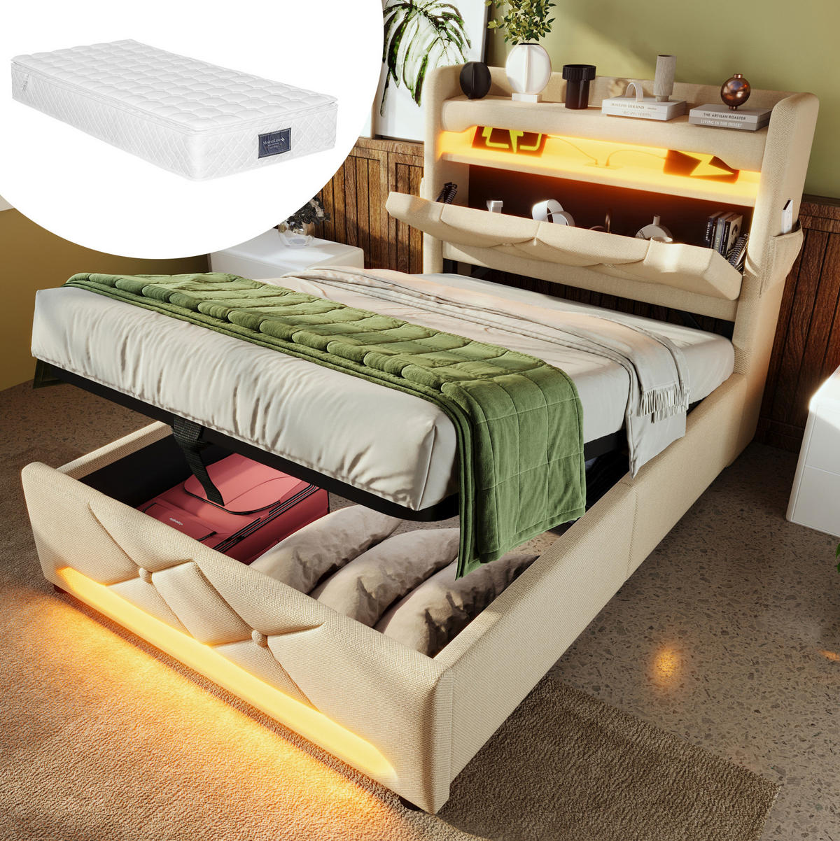 BETT mit LED, Stauraum und Matratze 90x200 cm Leinen Beige - Beige, Metall (90/200cm) - Meubliv