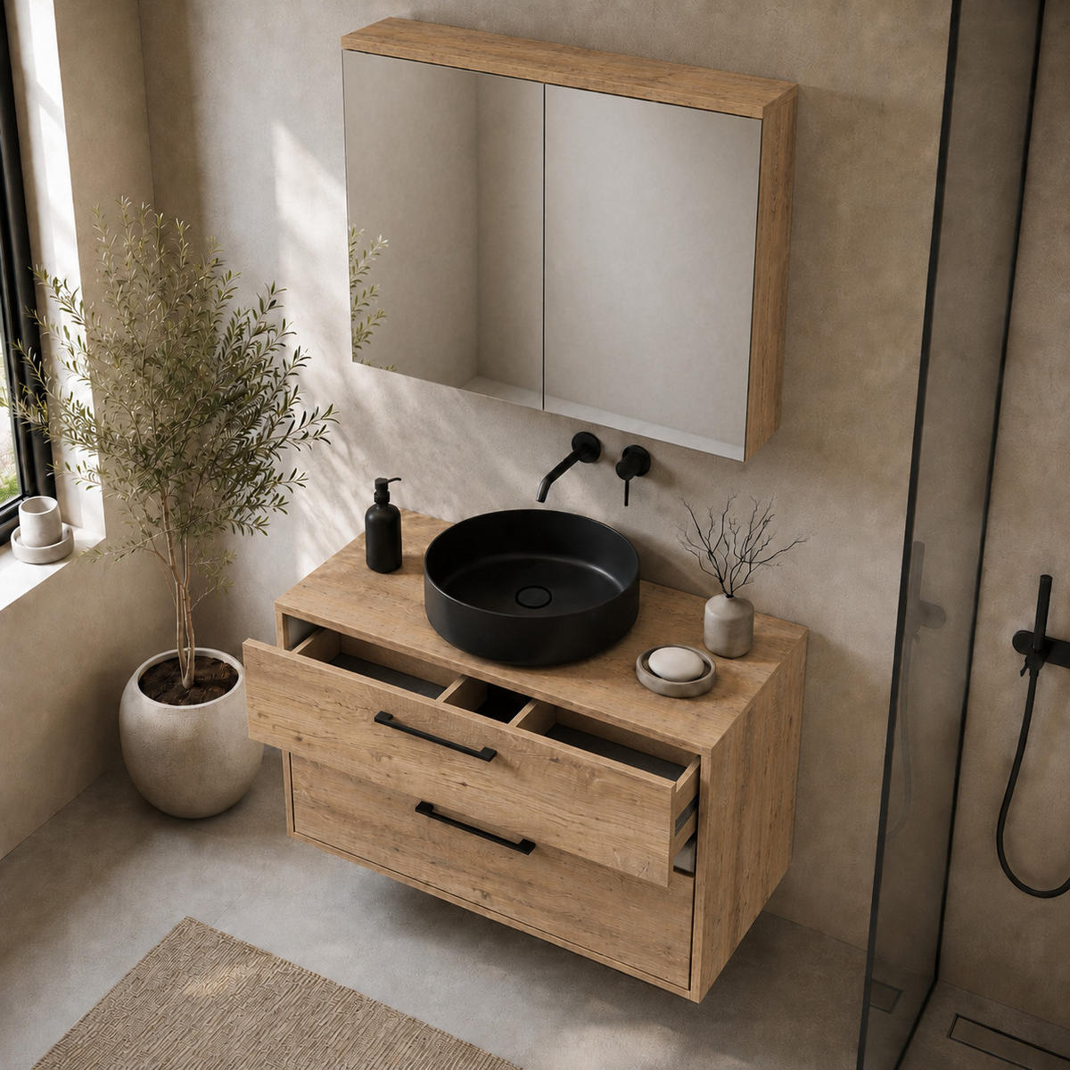 BADMÖBEL-SET Florence 2 Teile Kastanien Eiche - 80 x 46 x 46 cm - Eichefarben, Holz (80/46/46cm) - Badplaats