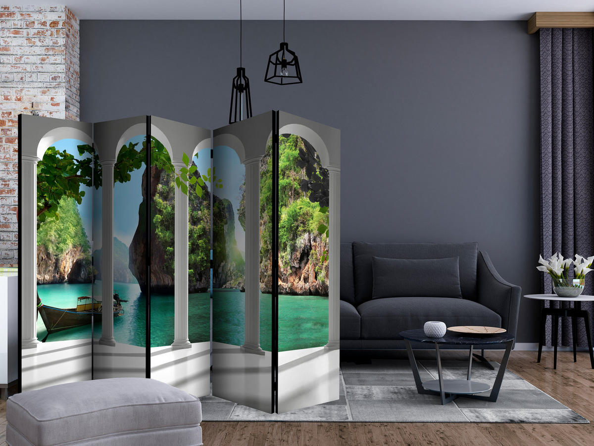 PARAVÁN Akustický 5-dielny 225x172 cm Terasa Oceánske Útesy 3D - viacfarebná, drevo/textil (225/172/3cm) - Muralo