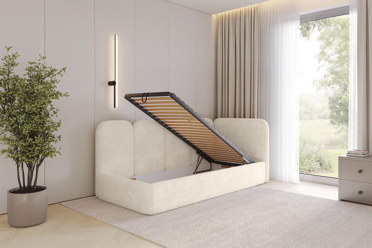EINZELLBETT Jugendbett mit Bettkasten, Links - VELY 90x200 Beige - Beige, Holzwerkstoff/Textil (90/200cm) - ALTDECOR