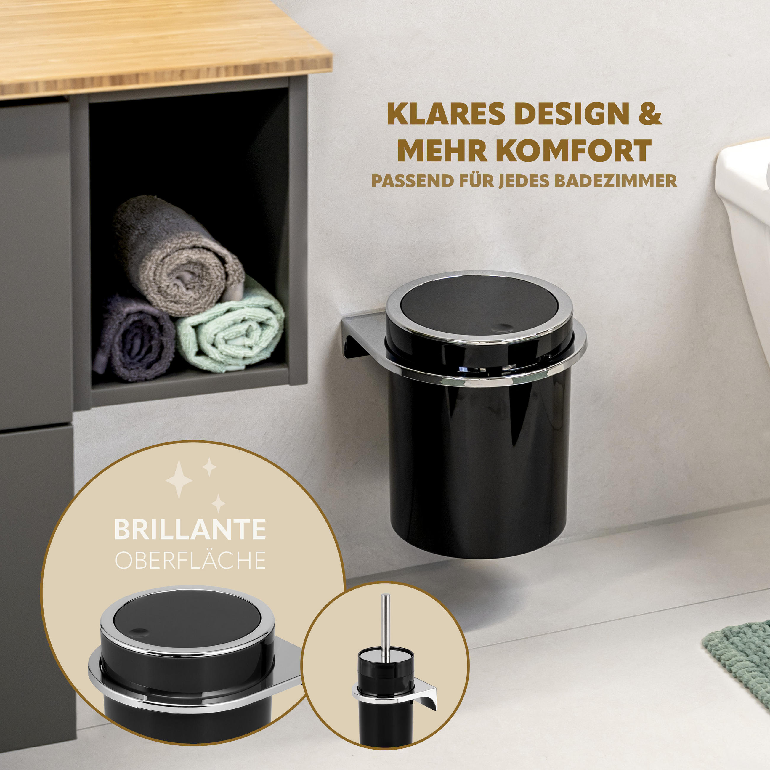 BAD-SET 2tlg. Kosmetikeimer WC-Bürste zur Wandmontage, schwarz - Schwarz, Kunststoff (10/36.5/10cm) - bremermann