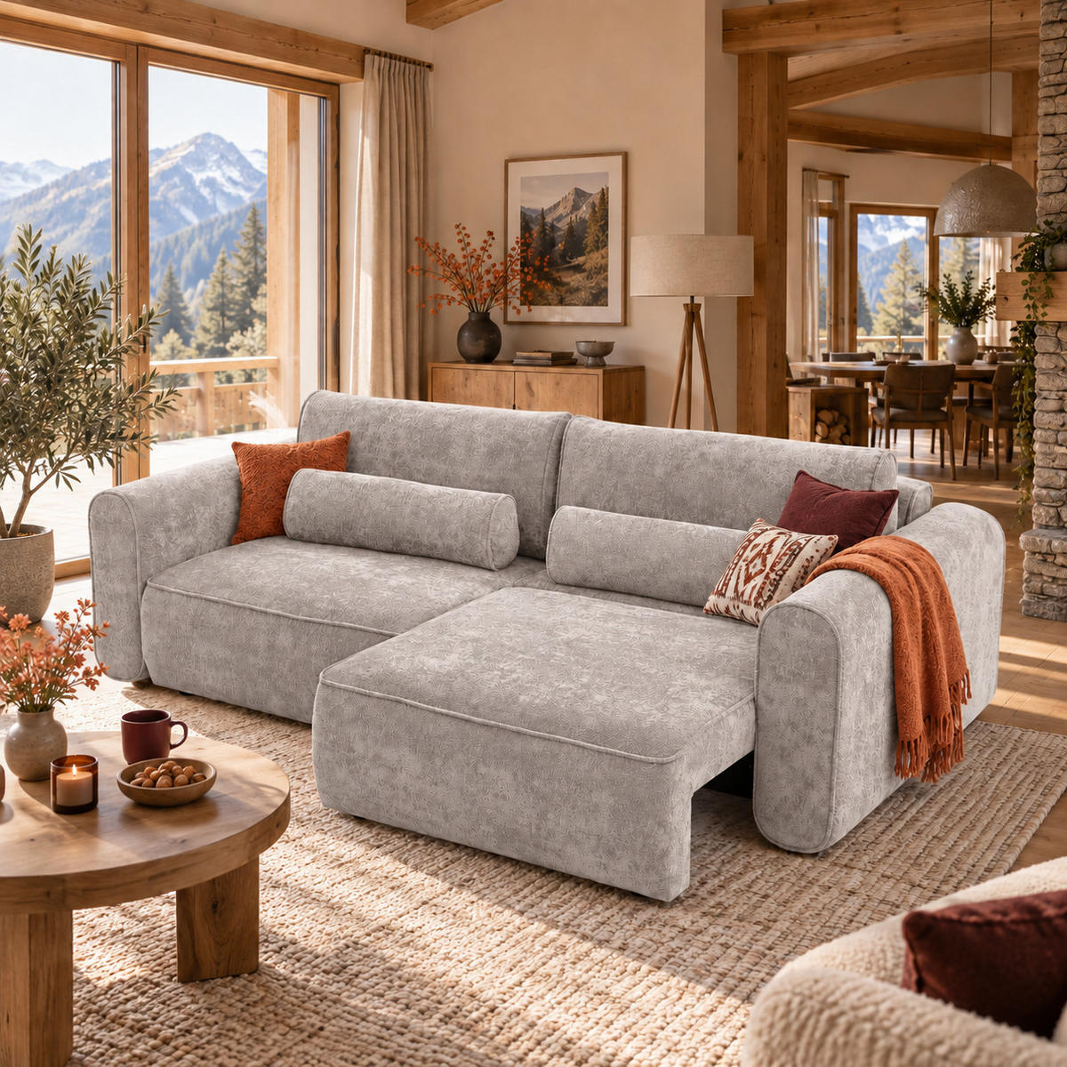 ECKSOFA MOTION mit Schlaffunktion 130x200 Webstoff Hellgrau - Hellgrau/Schwarz, Holz/Textil (250/166cm) - Muffo