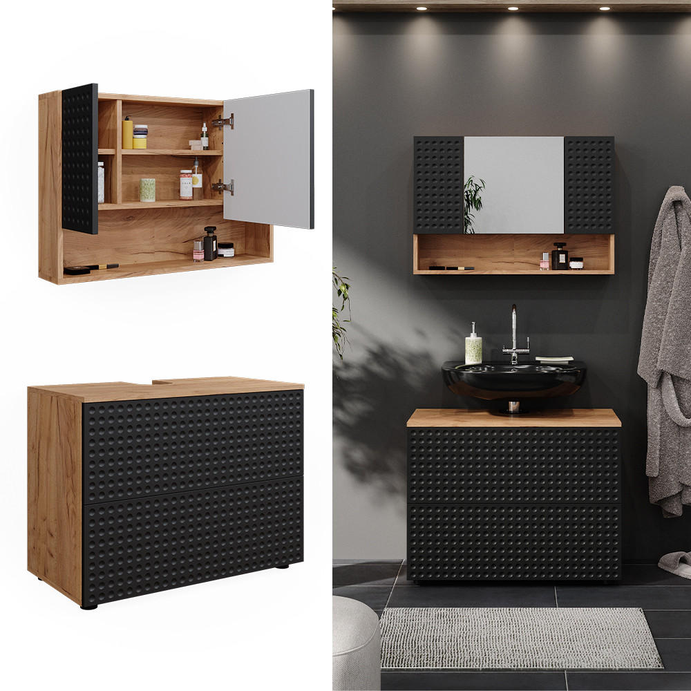 BADMÖBEL-SET Irma Anthrazit gepunktet 2 Teile, Unterschrank 80 cm - Honigeiche/Anthrazit, Holzwerkstoff (80/58.6/41cm) - Vicco