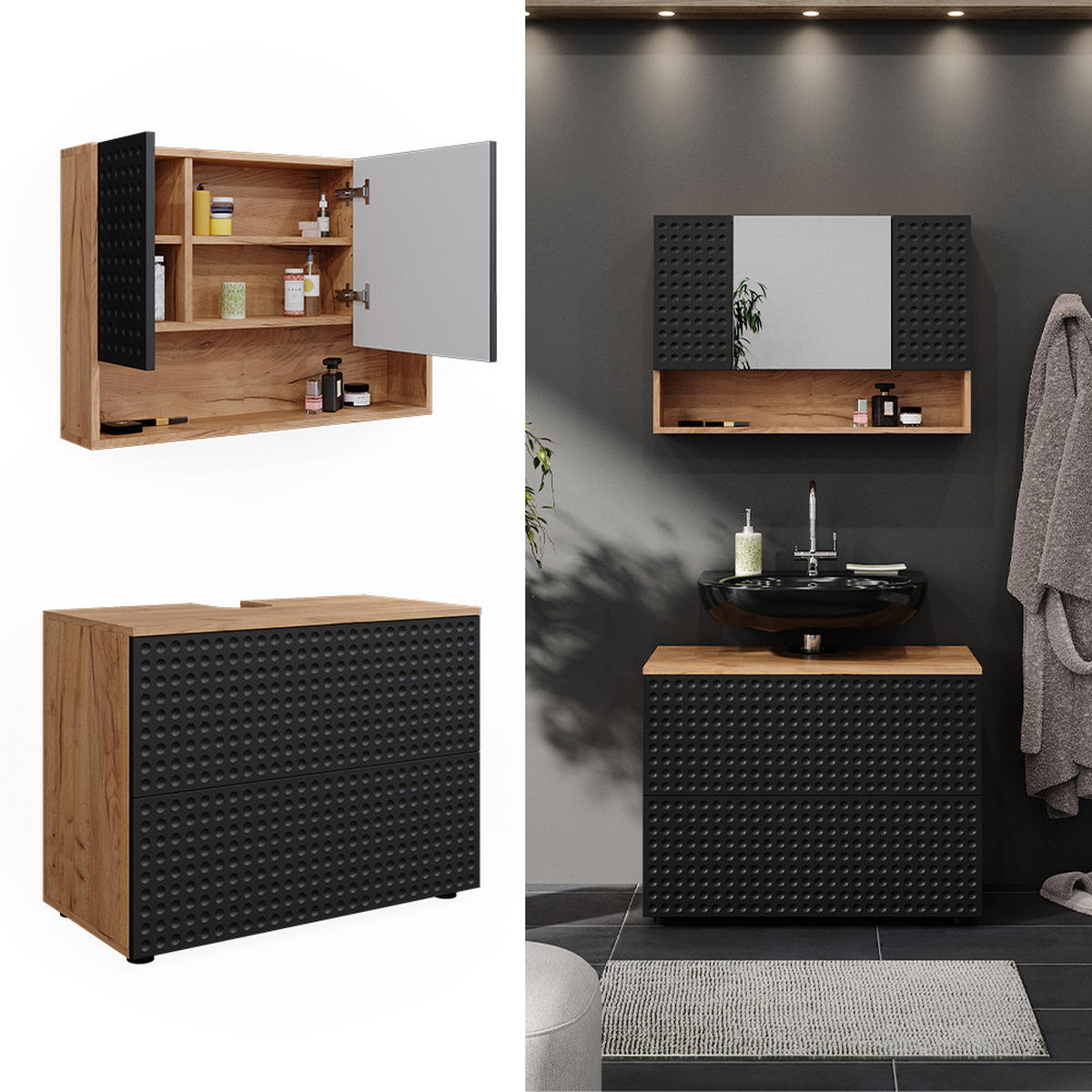 BADMÖBEL-SET Irma Anthrazit gepunktet 2 Teile, Unterschrank 80 cm - Honigeiche/Anthrazit, Holzwerkstoff (80/58.6/41cm) - Vicco