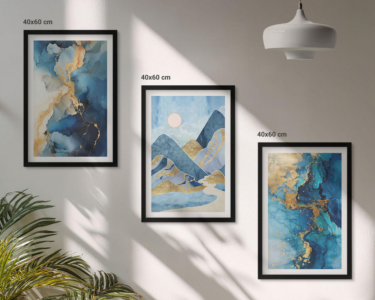 BILDER SET 3er Set - 40x60 cm Schwarzer Rahmen - Abstrakte Muster der Blue Mountains - Schwarz, Kunststoff (40/60cm) - TULUP