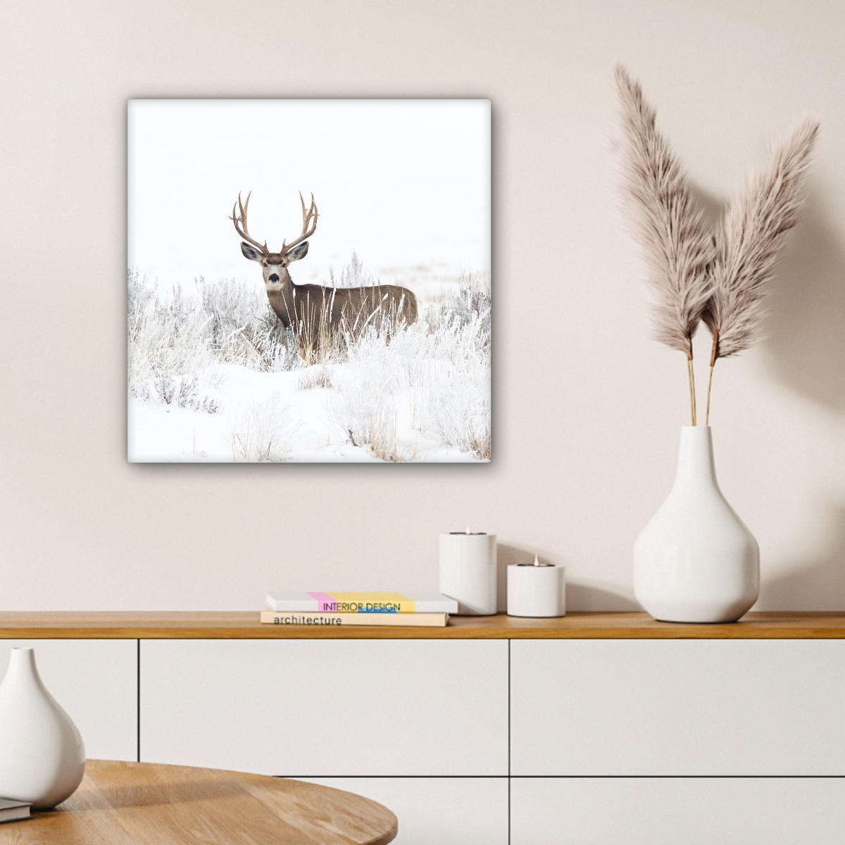 LEINWANDBILD Hirsche - Winter - Schnee - Tiere - Jahreszeiten - Weiß 50x50 cm - Hellbraun, Textil (50/50cm) - MuchoWow