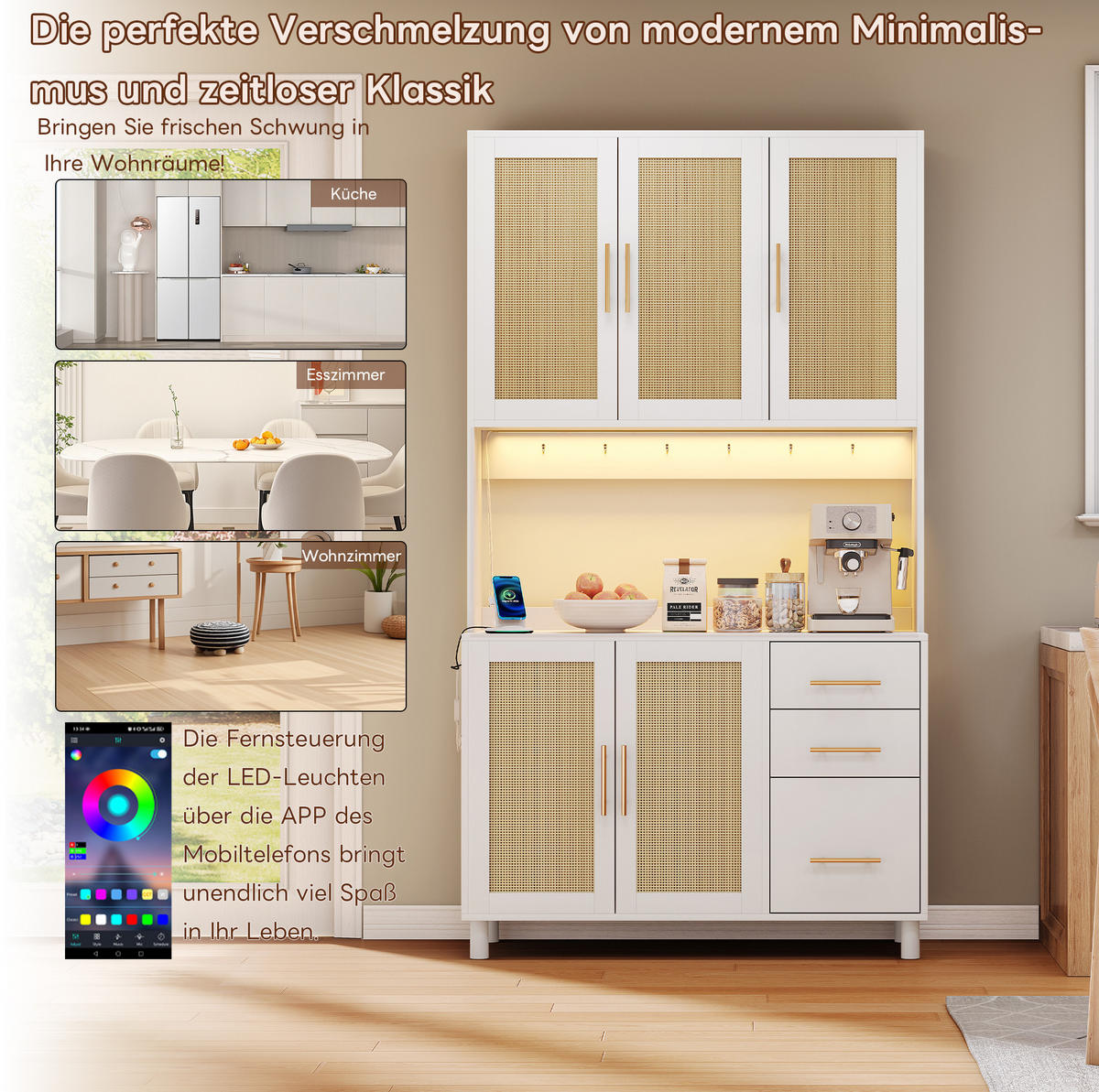 BUFFET aus MDF 100x40x183 cm Weiß mit App-gesteuerter LED-Beleuchtung, Steckdosen, USB-Anschluss und viel Stauraum - Weiß, Holzwerkstoff (100/183/40cm) - Modfu