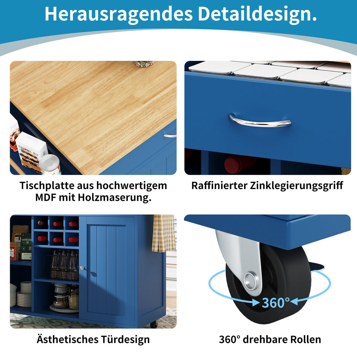 KÜCHENINSEL 102/45/92 cm blau aus MDF/Metall mit Rollen - Blau, Holzwerkstoff (102/92/45cm) - OKWISH