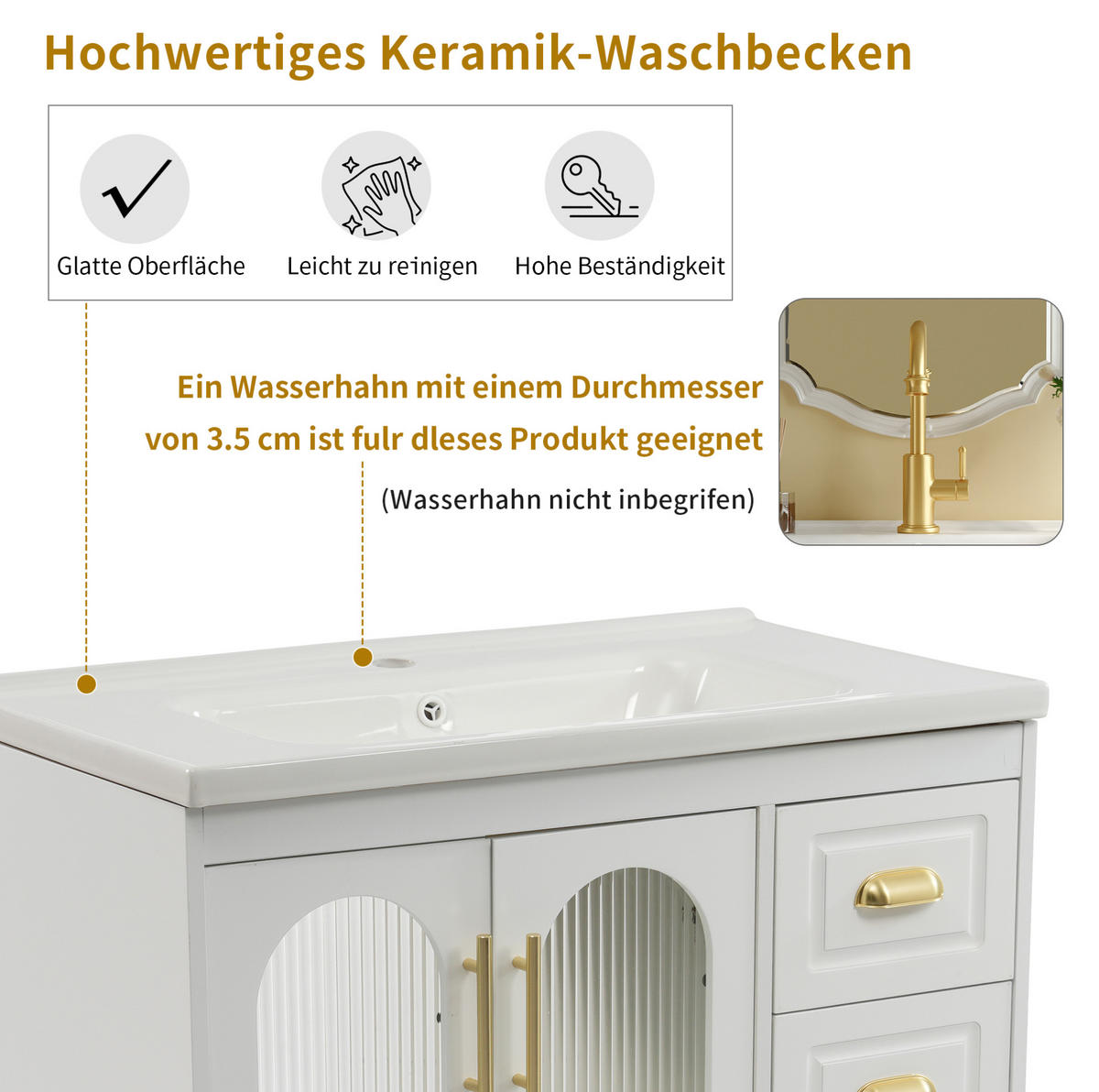 WASCHTISCHKOMBI in Weiß mit 3 Schubladen und Keramikbecken - Weiß, Holzwerkstoff (80/90/47cm) - BEAOK