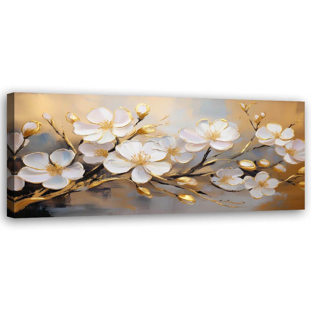 WANDBILD moderne weiße blumenpflanzen zweig - Goldfarben, Textil (90/30cm) - Feeby