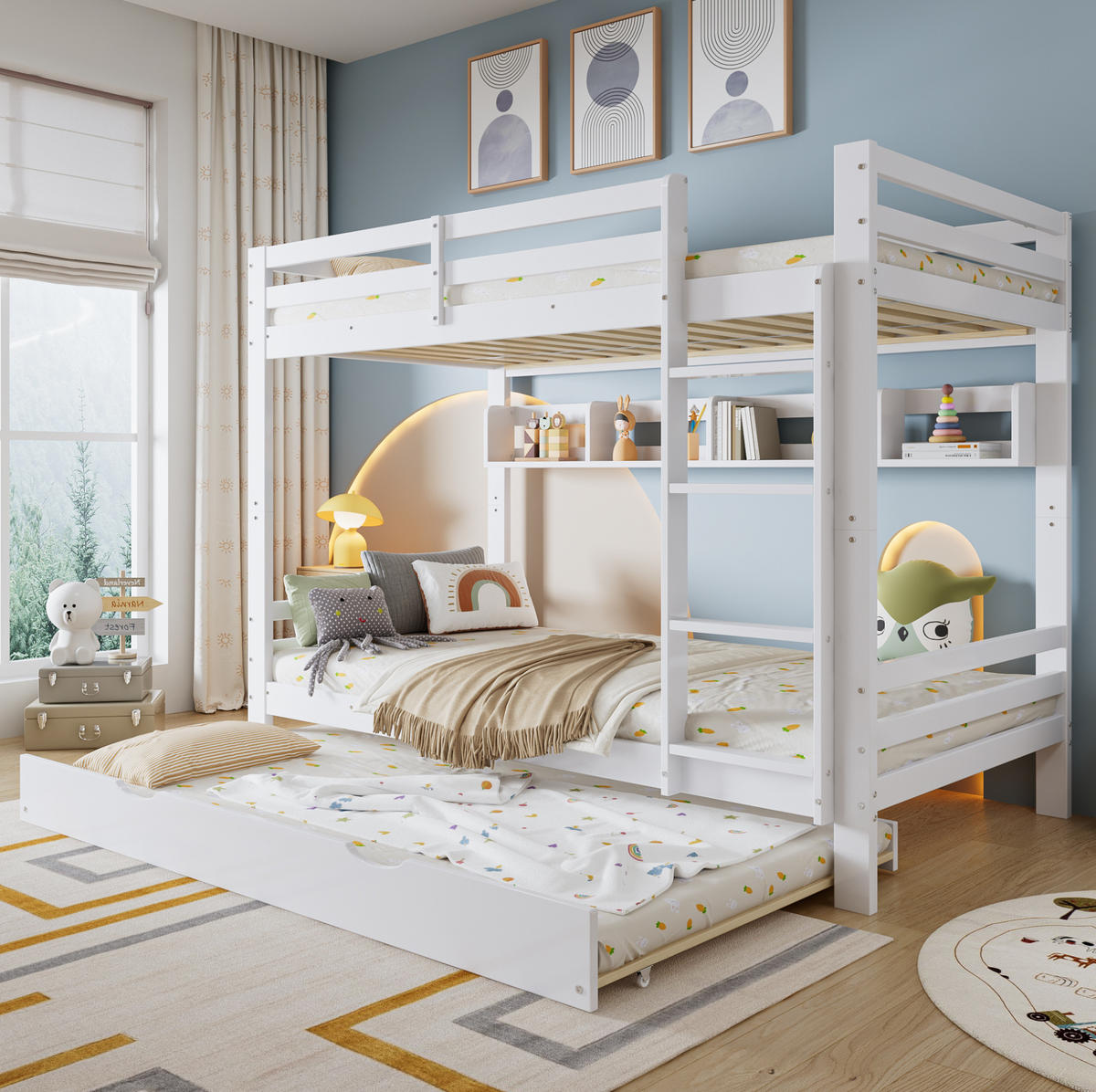 ETAGENBETT mit ausziehbarem Bett, Regalfach und 4-stufiger Leiter, Weiß, 90/200 cm - Weiß, Holz (90/200cm) - MIVRAY