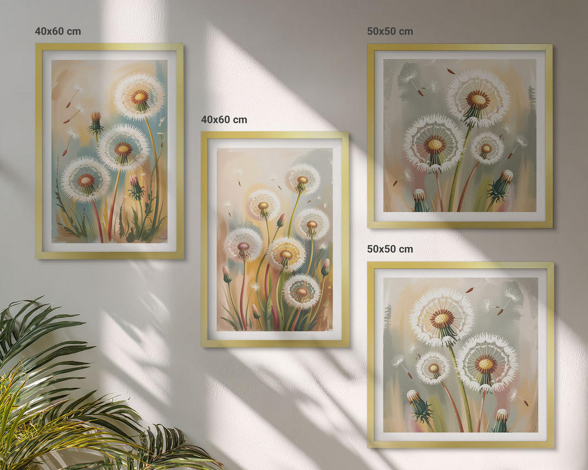 BILDER SET 4er Set - 50x50 cm & 40x60 cm Goldrahmen - Löwenzahnblüten, pastellfarbene Gräser - Goldfarben, Kunststoff (50/50cm) - TULUP