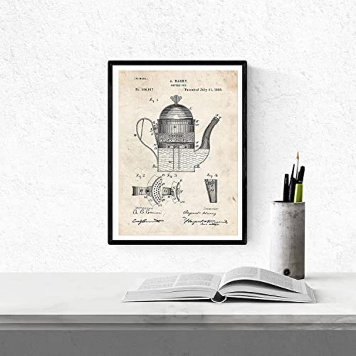 POSTER Set mit 4 Jahrgang cafeteras Patenten A4 Schwarzer Rahmen - Schwarz, Papier (29.7/3cm) - Nacnic