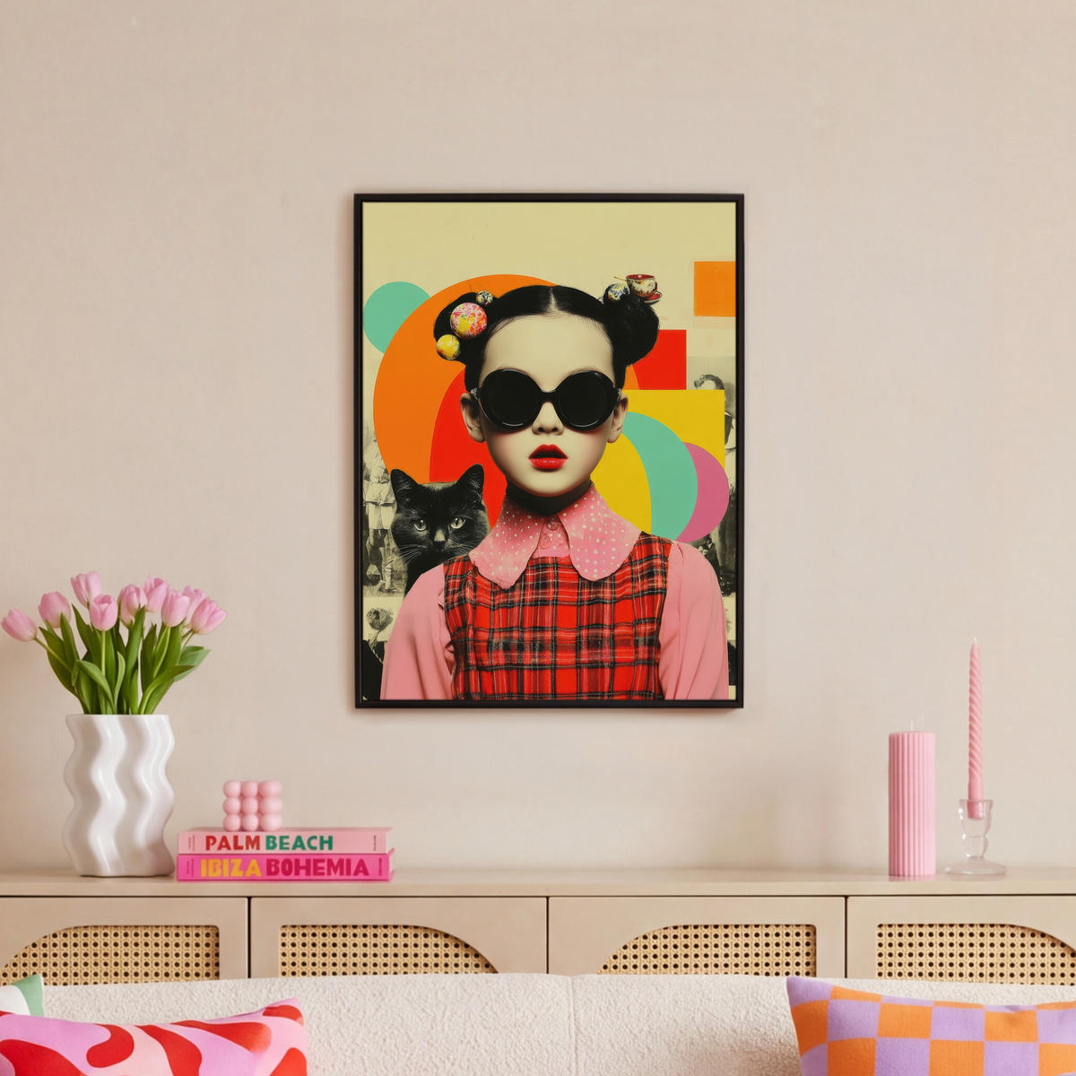LEINWAND Bilder mit Rahmen - Mädchen - Sonnenbrille - Katze - Retro - 60x80 - Beige, Textil (60/80cm) - MuchoWow
