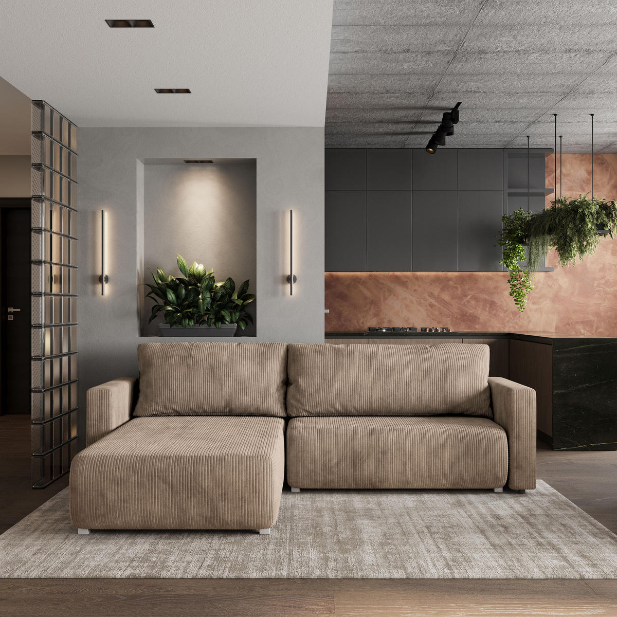 ECKSOFA TURIN P Beige Kordstoff mit Schlaffunktion - Beige/Grau, Holz/Kunststoff (265/183cm) - MASSENO