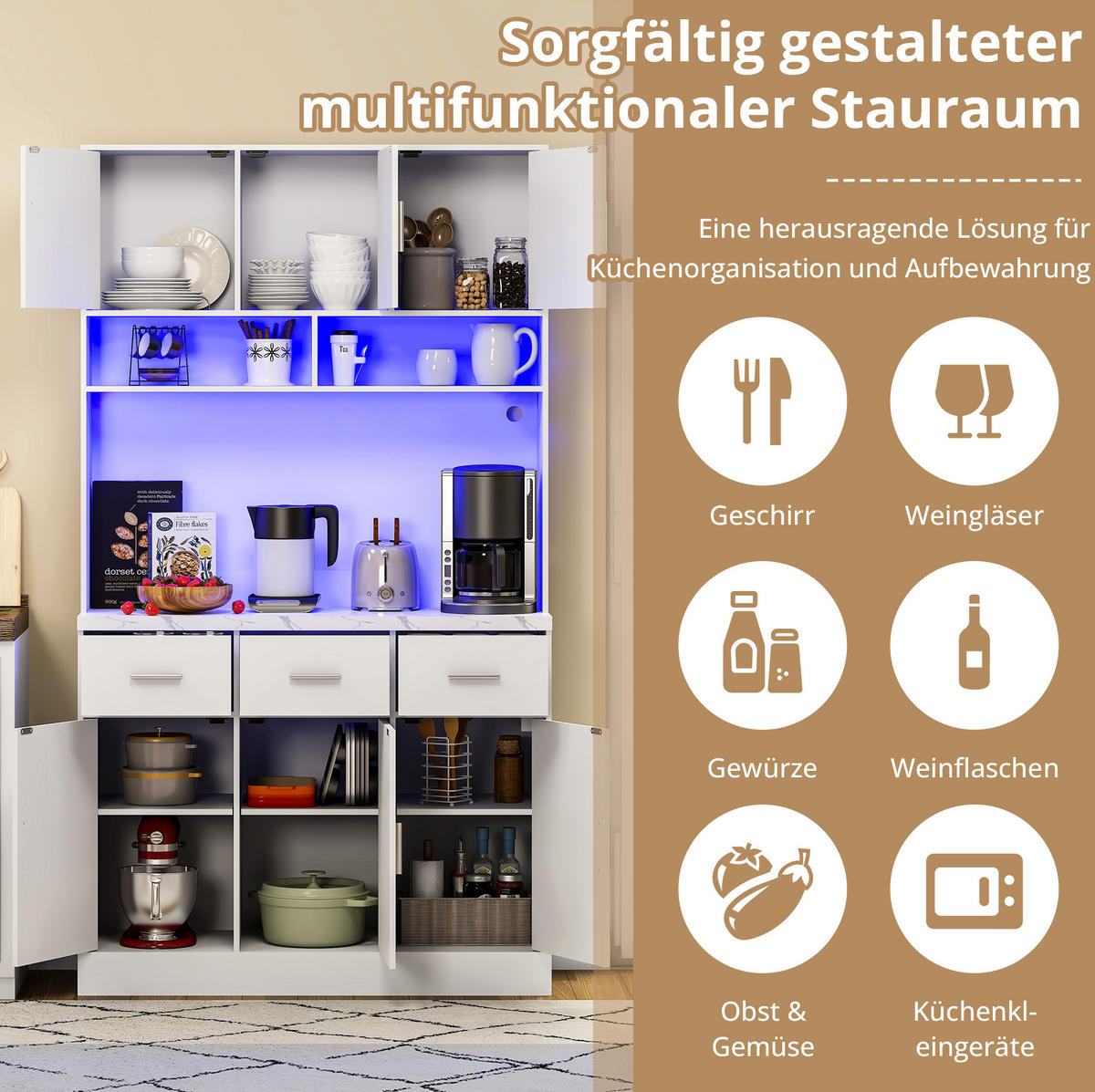 BUFFET 100/40/180 cm aus MDF mit LED-Beleuchtung und Steckdosenleiste Weiß - Weiß, Holzwerkstoff (100/180/40cm) - Modenvie