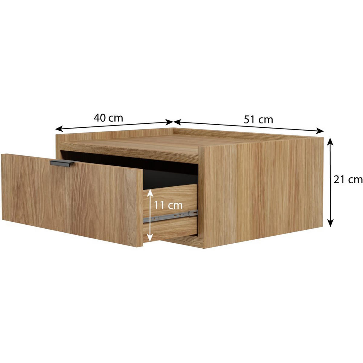 NACHTTISCH Evron mit 1 Schublade, Hängender, Hikora Eiche - Eichefarben/Schwarz, Holzwerkstoff/Metall (51/21/40cm) - Beautysofa