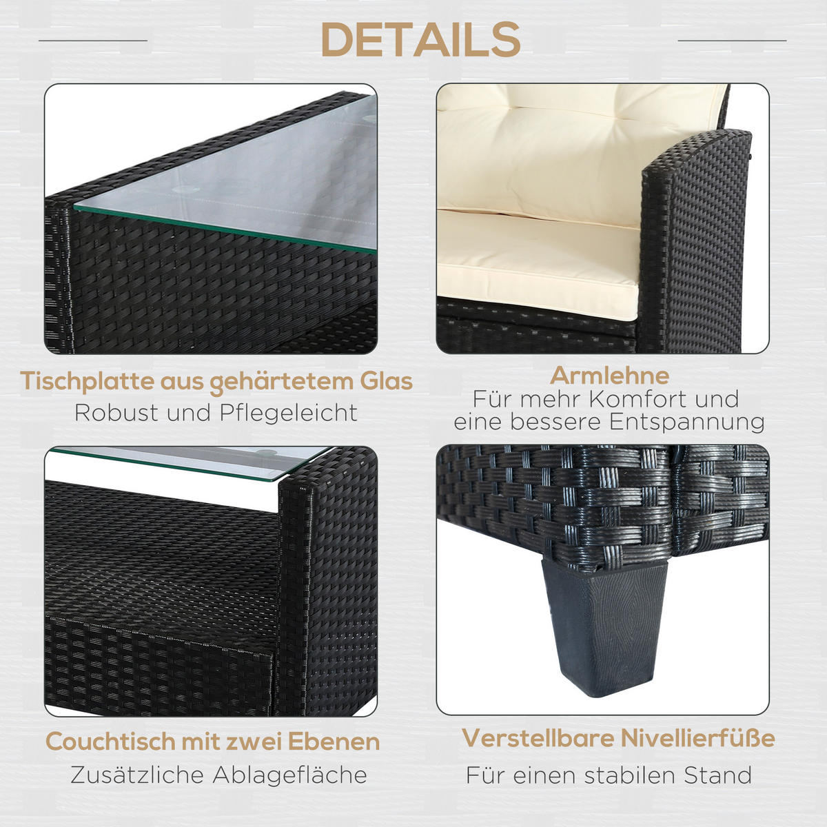 POLYRATTAN Sitzgarnitur 4 tlg. Sitzgruppe Metall Luxus Schwarz - Schwarz, Kunststoff - Outsunny