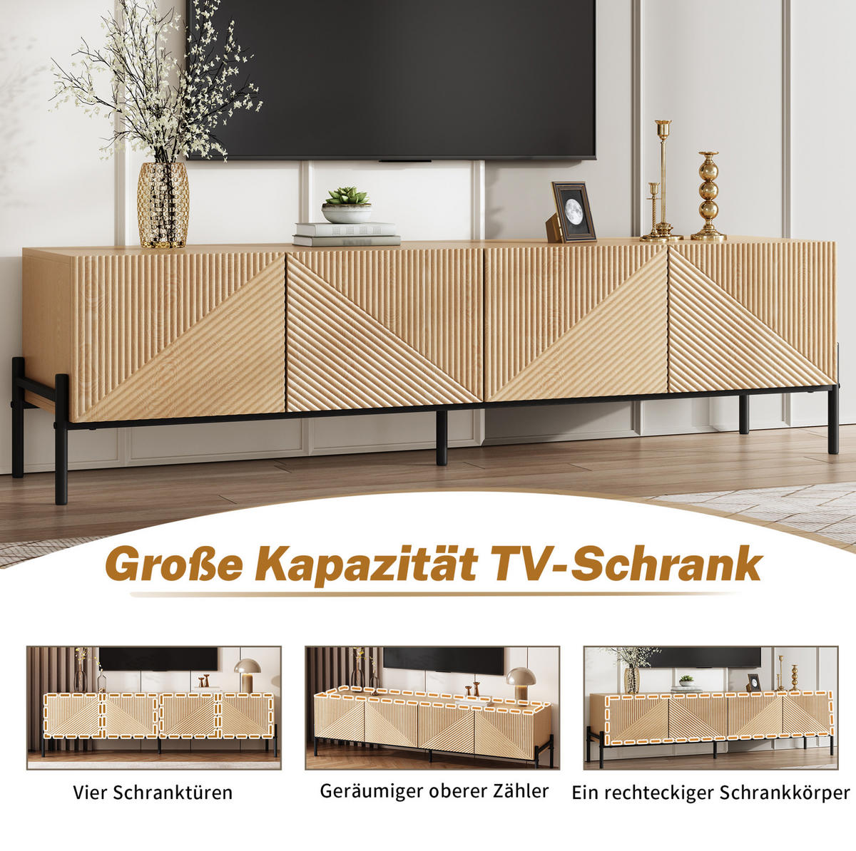 TV-LOWBOARD 163,5/40/45 cm mit 4 Türen, Push-to-Open und Kabeldurchlässen, Natur - Hellbraun, Holzwerkstoff (163.5/45/40cm) - Redom