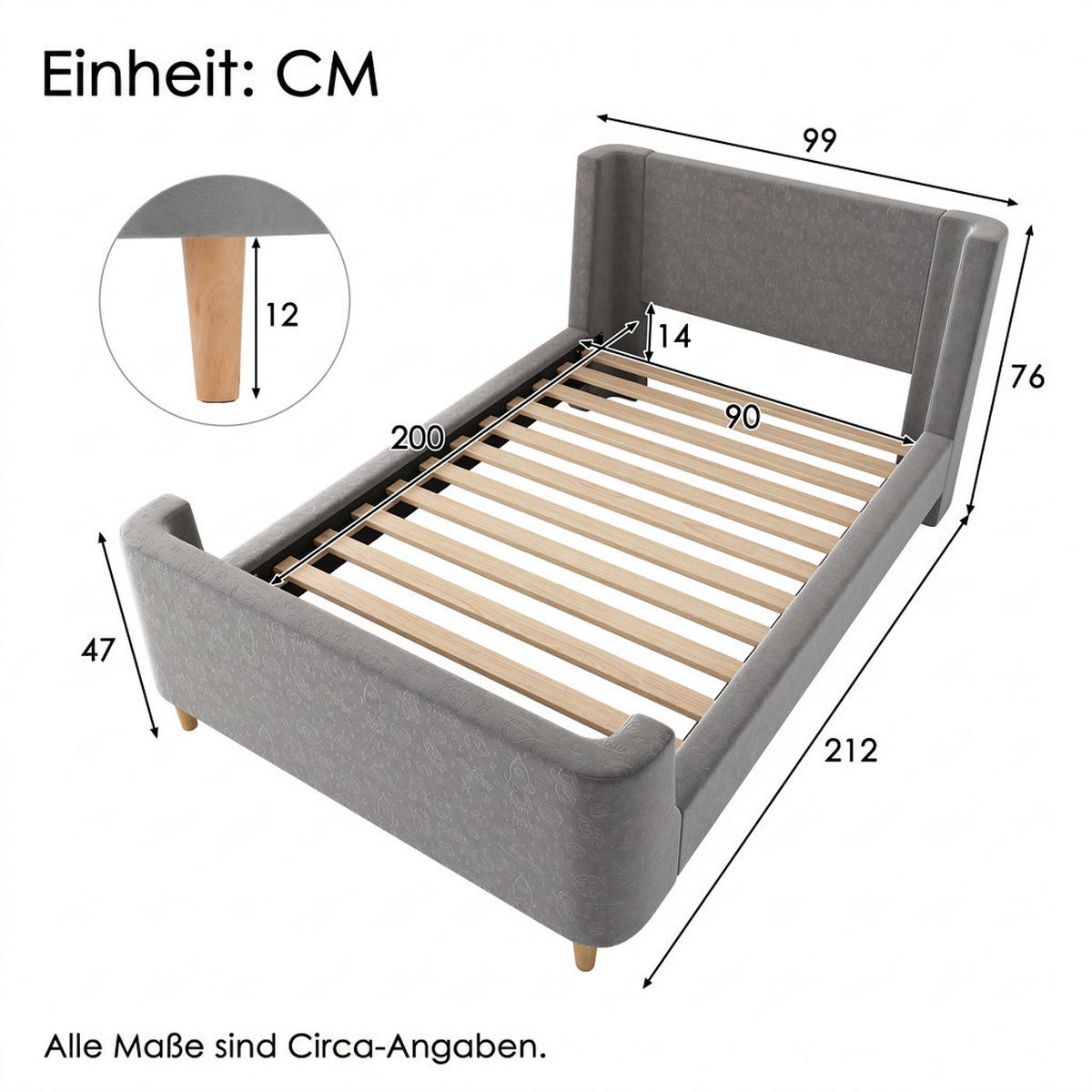 POLSTERBETT 90/200 cm Grau mit kosmischem Muster, Ohne Matratze - Grau, Holz/Textil (90/200cm) - Oxeza