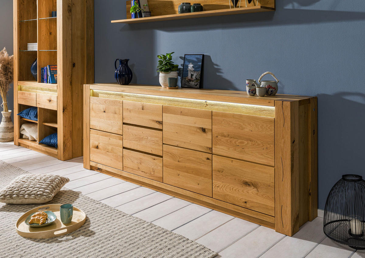 SIDEBOARD Wildeiche 223x40x85 natur geölt KENT #131 - Braun, Holz (223/85/40cm) - Massivmoebel24