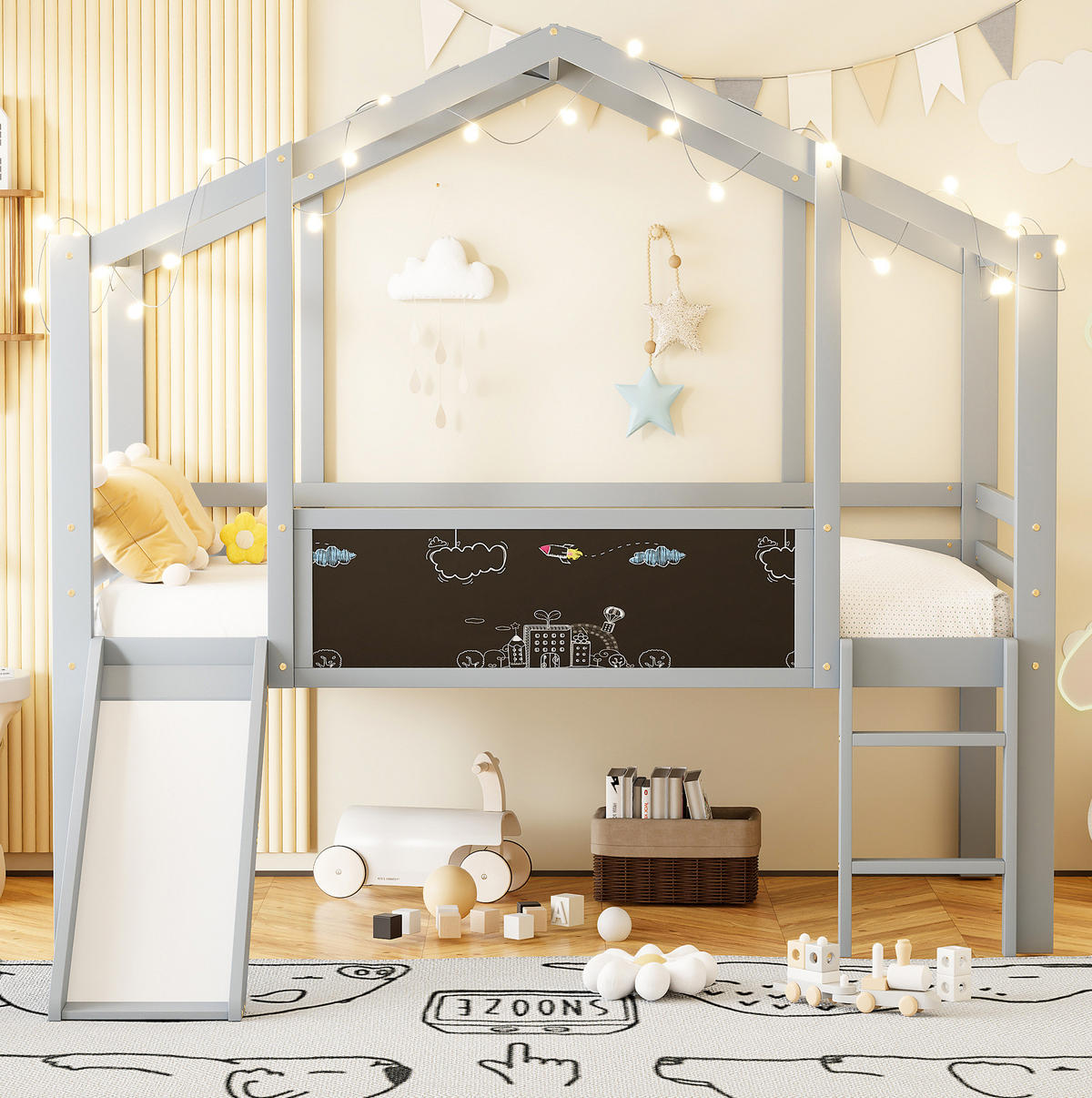 KINDERBETT aus Massivholz 90x200 cm Grau mit Rutsche, Leiter, Tafel und Hausdach - Grau, Holz (90/200cm) - Modfu