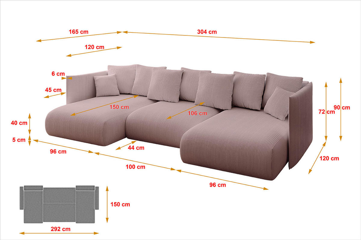 WOHNLANDSCHAFT mit Schlaffunktion und Bettkasten ONESK-U 304x165x40 Rosa Cord - Rosa, Holzwerkstoff/Kunststoff (304/90/165cm) - ALTDECOR
