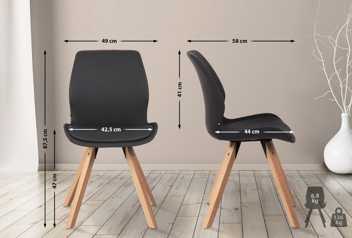 STUHL 4er Set Lederlook schwarz - Eukalyptusholzfarben/Schwarz, Holz/Textil (49/87.5/58cm) - CLP