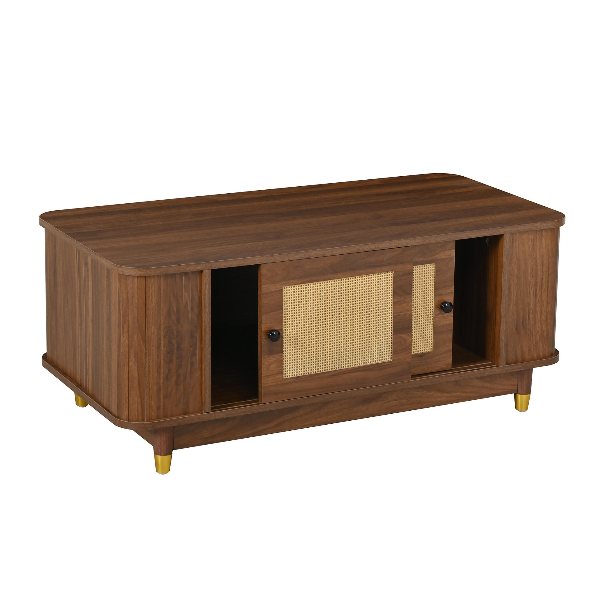 COUCHTISCH DE-37058 mit Rattan-Schiebetüren und abgerundeten Ecken Nussbaum - Walnussfarben, Holzwerkstoff (100/50/42cm) - ComfortXL