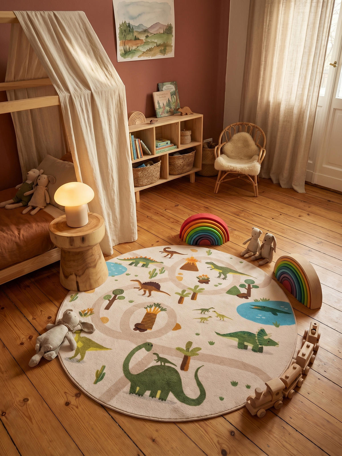 KINDERTEPPICH Kurzflor Dinosaurier-Landschaft Waschbar OEKO-TEX Spielteppich Jungen Mädchen Rund Beige 200x200 – TINO - Beige, Textil (200/200cm) - KADIMA DESIGN