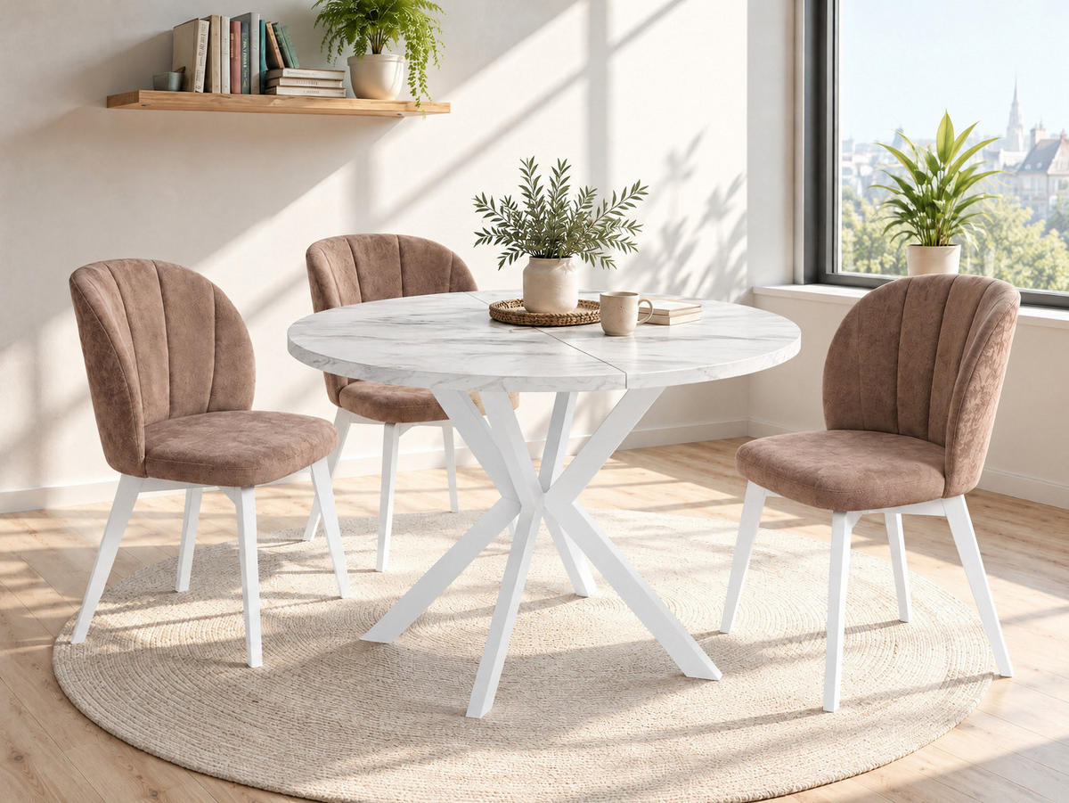 ESSTISCH Della runder ausziehbarer, Marmor Weiß 120-200/120/76 cm - Ecru/Weiß, Holzwerkstoff/Metall (120/200/76cm) - WFL GROUP