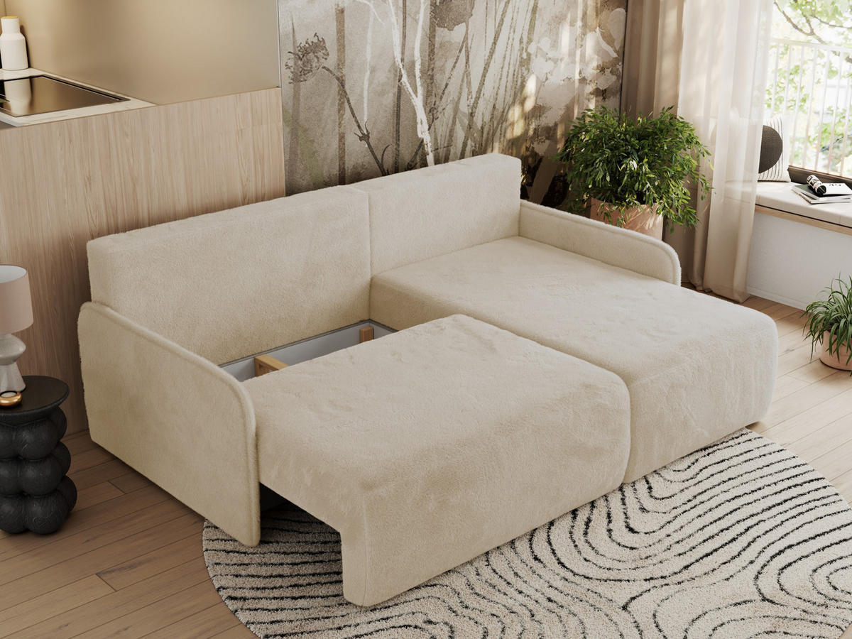 ECKSCHLAFSOFA ARPA L Creme Plüsch - rechts - Creme/Schwarz, Kunststoff/Textil (150/198cm) - MKS