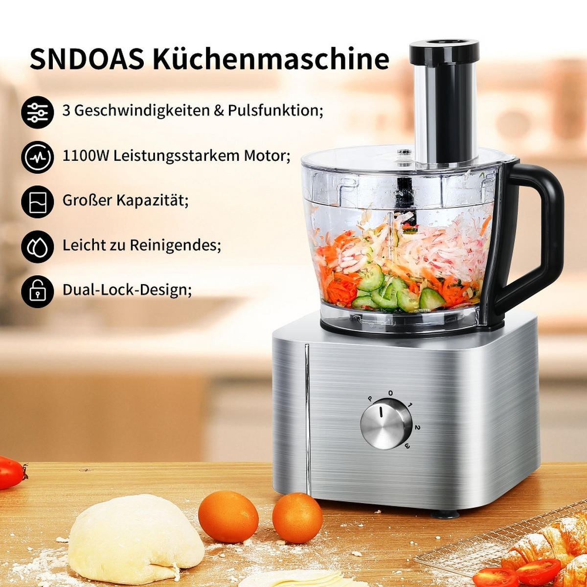 KÜCHENMASCHINE MULTIFUNKTIONAL 1100W Edelstahl 40,7/27,2/40,7 cm - Silberfarben, Metall (27.2/40.71/40.71cm) - Rolipo