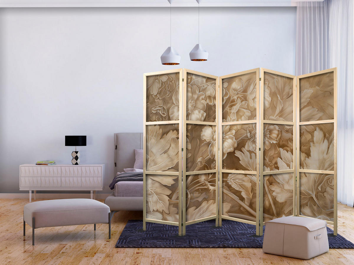 PARAVENT Japanischer 5-tlg 225x172 cm Retro Pflanzen - Braun, Holz/Textil (225/172/3cm) - Muralo