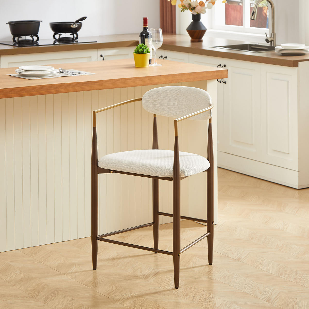 BARHOCKER 2er-Set mit Armlehnen und Stoffkissen, Creme - Beige, Textil (49/102/59cm)