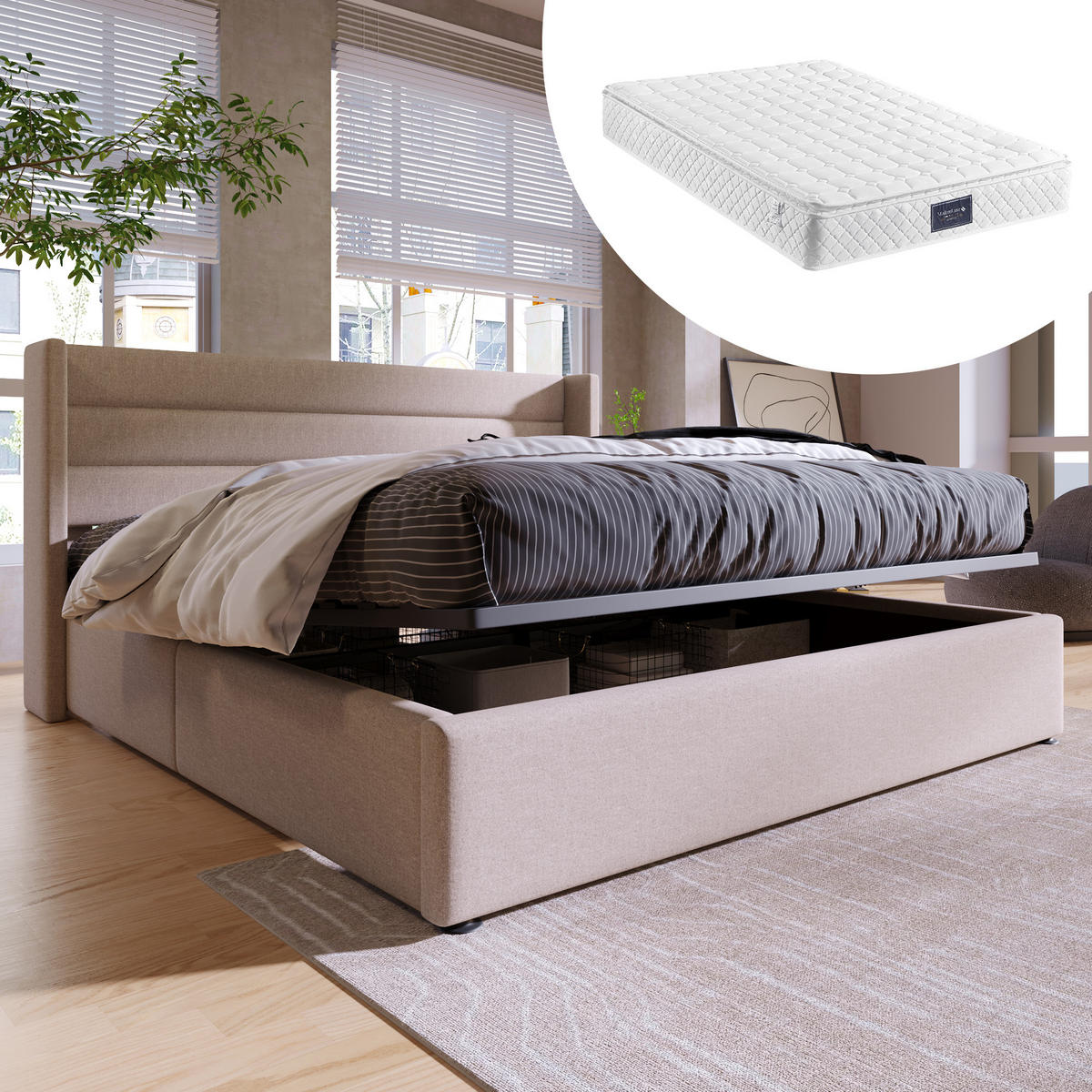 BETT mit Bettkasten 140x200 cm Leinen Beige inkl. Matratze - Beige, Metall (140/200cm) - Meubliv