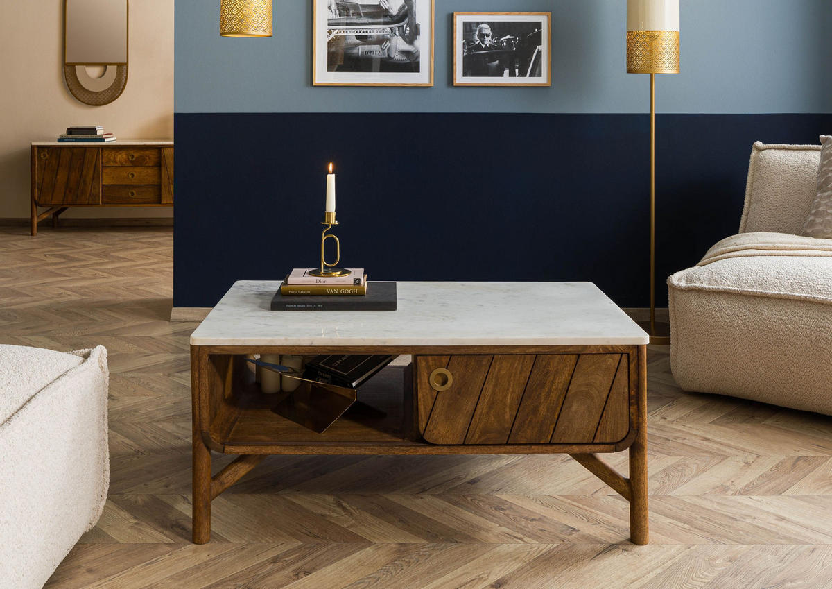 COUCHTISCH Mango 100x60x45 braun geölt / echter Marmor LOS ANGELES #05 - Braun/Weiß, Holz (100/60/45cm) - Massivmoebel24