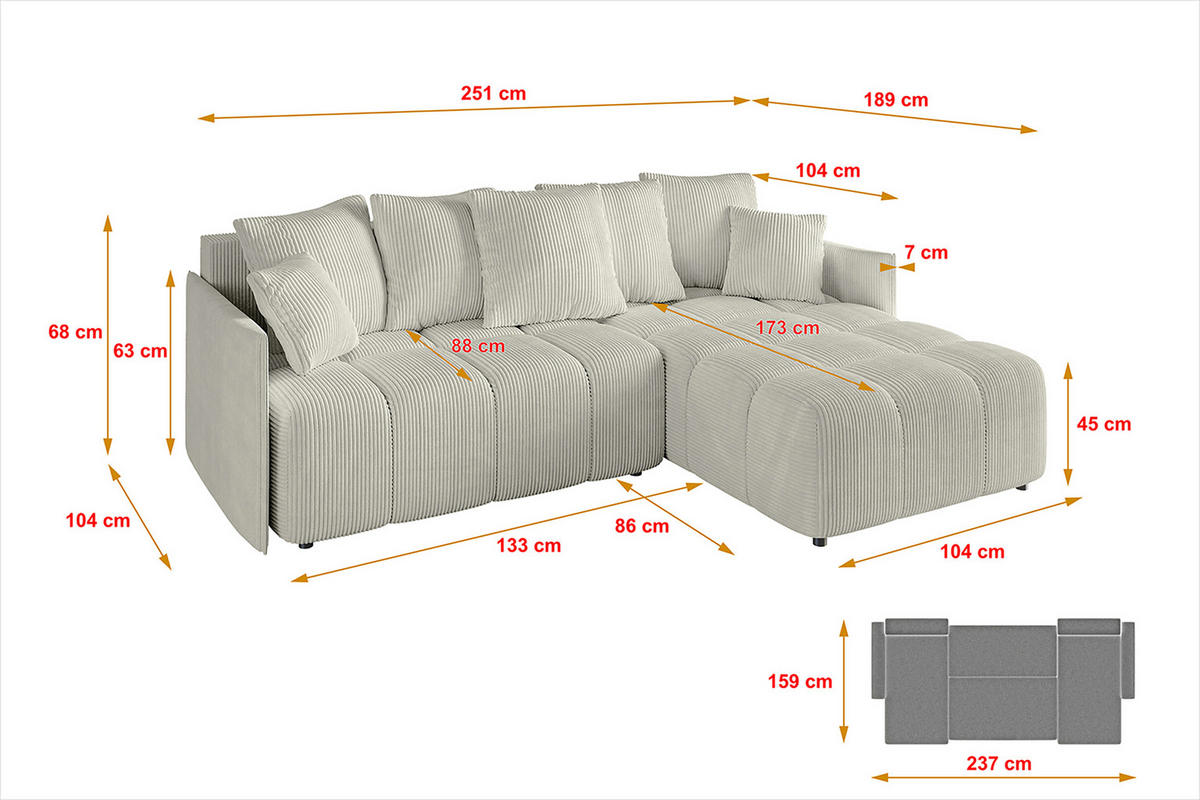 ECKSOFA Ottomane rechts LONLI-L 251x189x68 Ecru Cord - Ecru, Holzwerkstoff/Kunststoff (189/251cm) - ALTDECOR