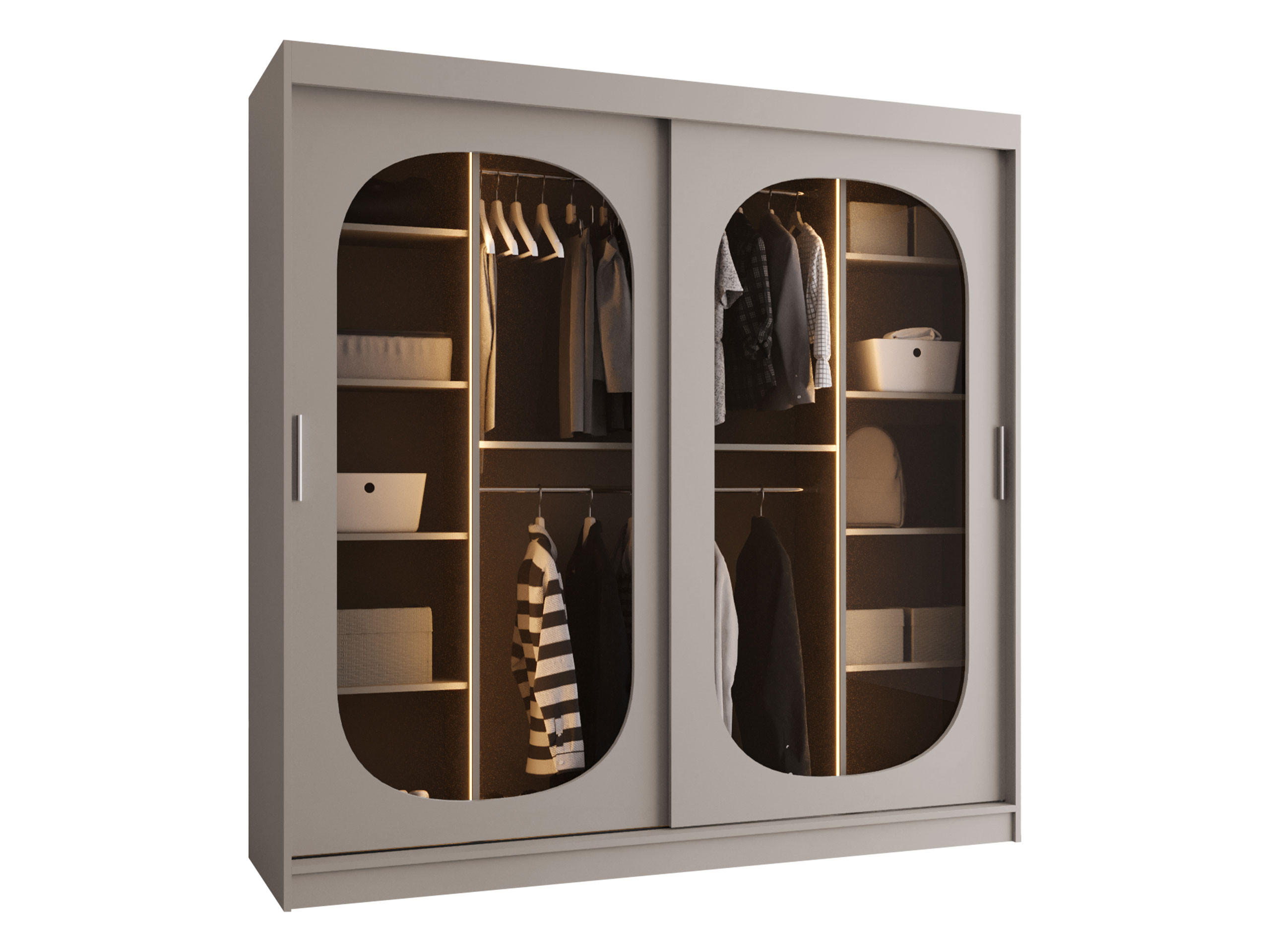 SCHWEBETÜRENSCHRANK Bahrajn 200 mit LED Beleuchtung - Kaschmir/Silberfarben, Holzwerkstoff/Kunststoff (200/200/62cm) - MIRJAN24