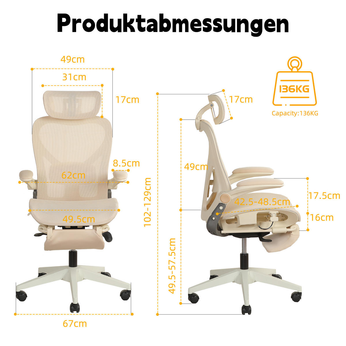 DREHSTUHL DE-40937 mit klappbarer Rückenlehne und 3D-Kopfstütze Creme - Creme, Metall (62/129/48.5cm) - ComfortXL