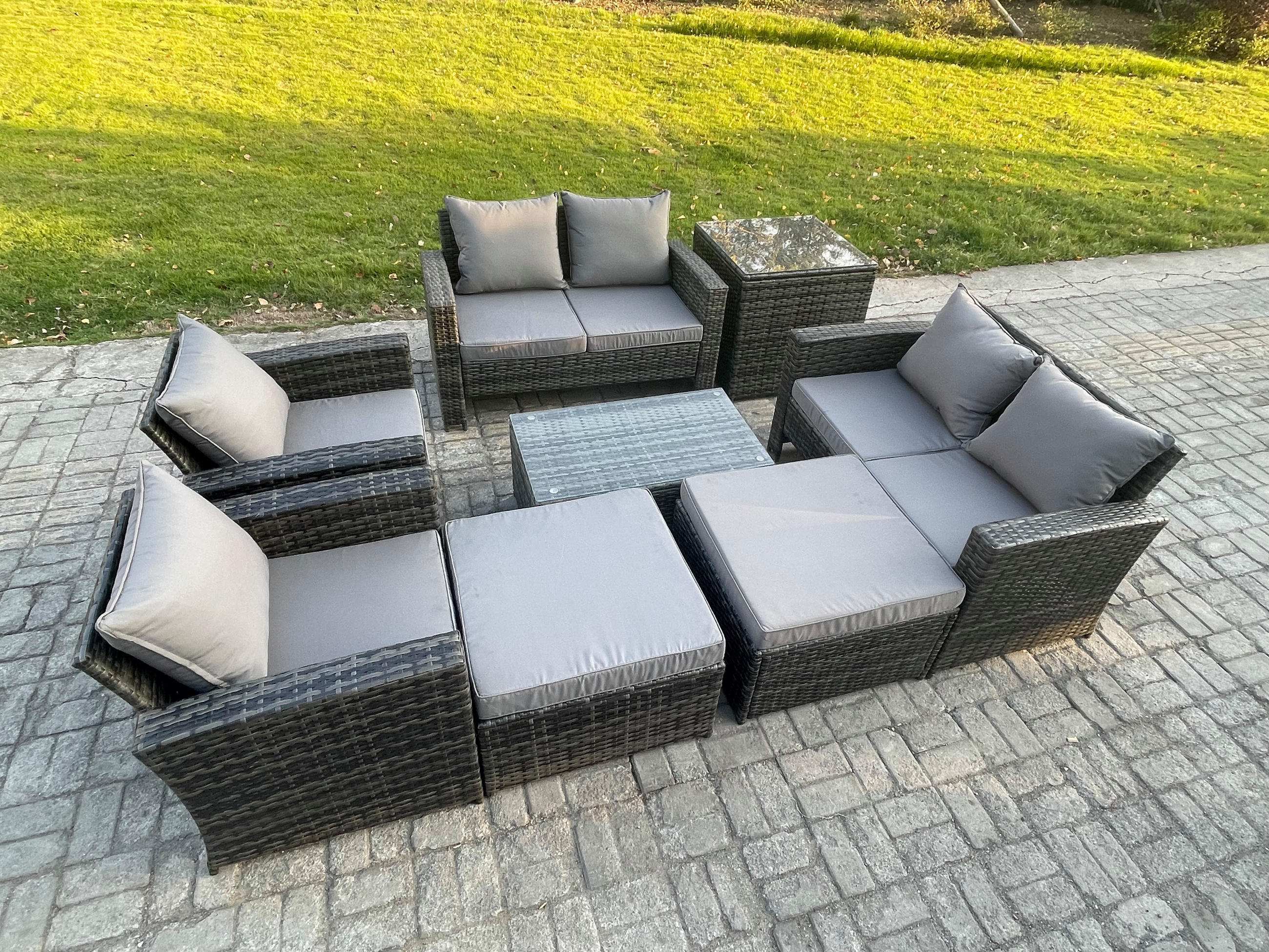 GARTENMÖBEL-SET mit Kissen Polyrattan Dunkelgrau 8-Sitzer - Dunkelgrau, Metall - Fimous
