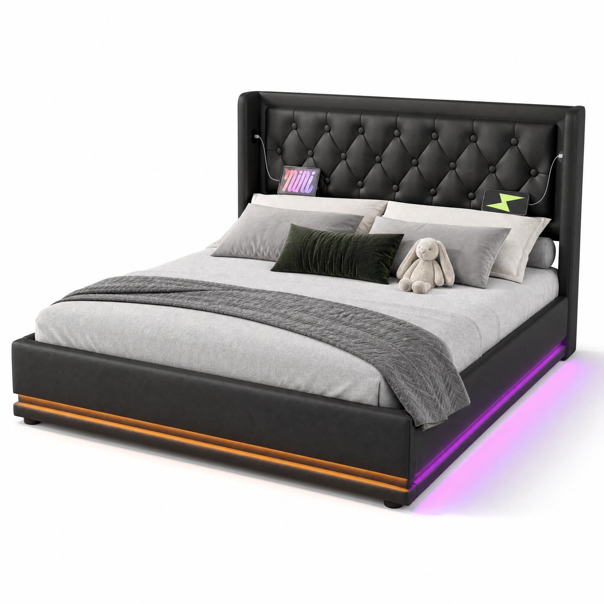 POLSTERBETT 140/200 cm in Schwarz mit Bettkasten, LED, USB und Type-C Kunstleder Flügelkopfteil-Design - Schwarz, Holzwerkstoff/Textil (140/200cm) - STILVORA