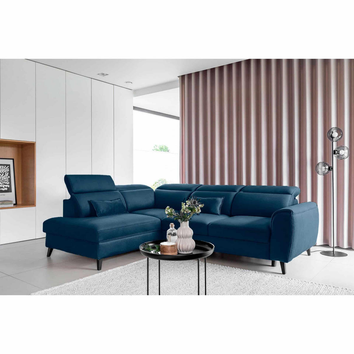 ECKSOFA mit Schlaffunktion & Bettkasten - Schwarz/Dunkelblau, Holz/Textil (255/201cm) - Eltap