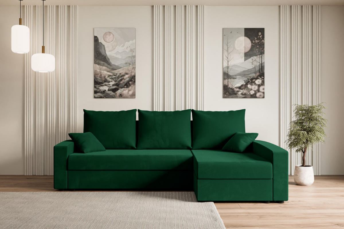 ECKSOFA mit Schlaffunktion und Bettkasten ALESIA-L 231x140x90 cm Grün Velours - Silberfarben/Grün, Holzwerkstoff/Kunststoff (231/140cm) - ALTDECOR